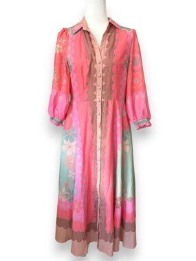 NWT 3/4 Sleeve V-Neck Coral Linen Floral Midi Shirt Dress Ave the Label Size 14